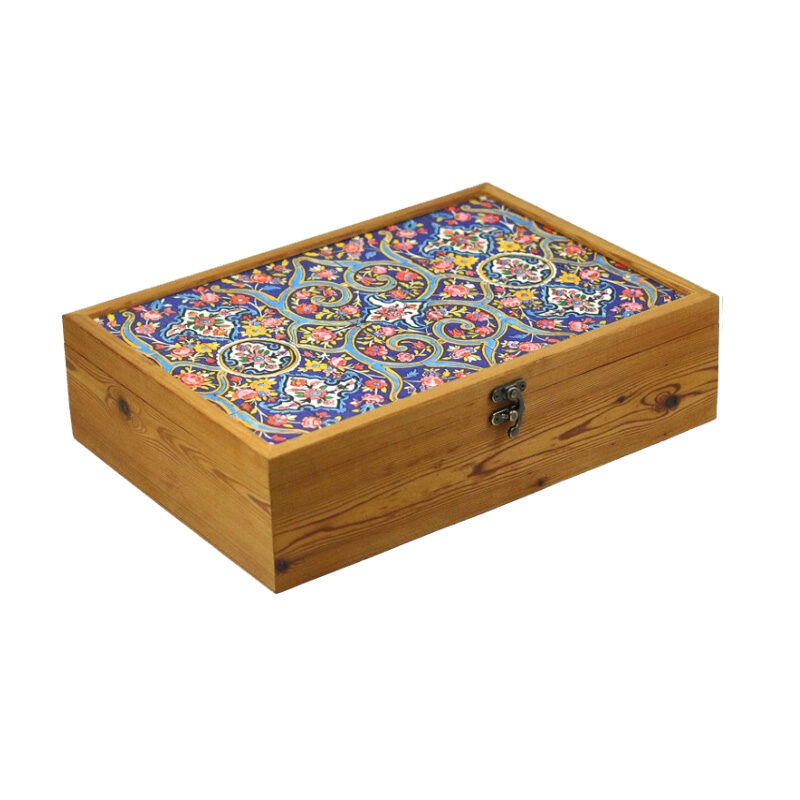 جعبه چوبی طرح کاشی هفت رنگ
